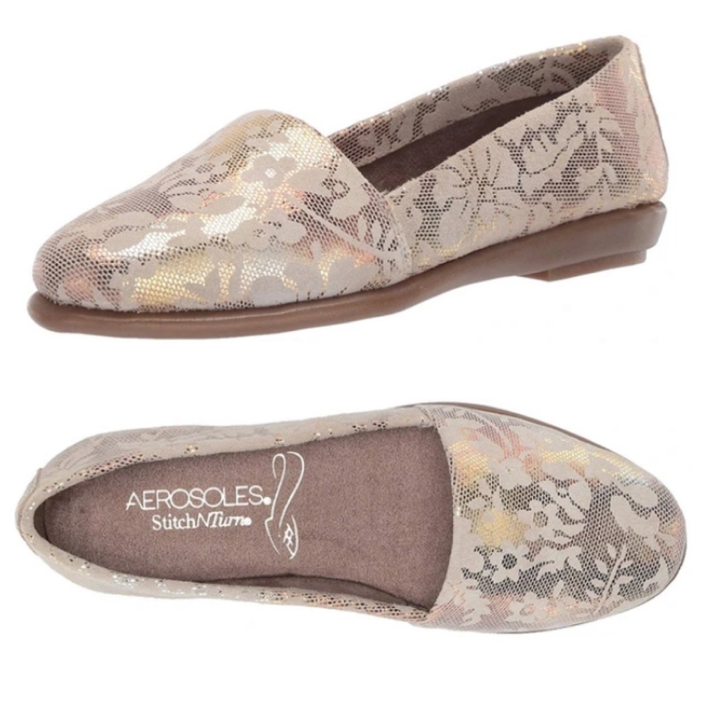 AEROSOLES Floral Patterned Moccasins - Gold and Brown